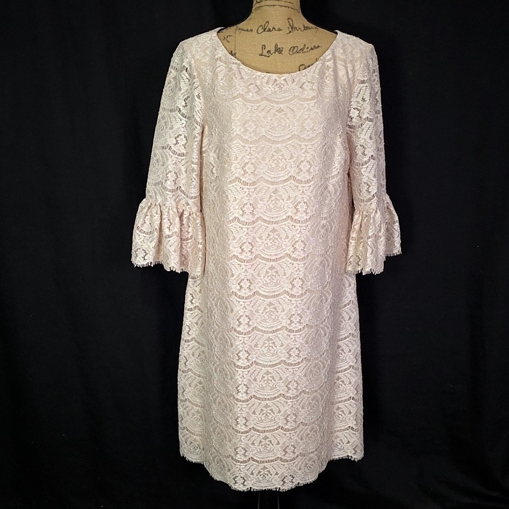 Jessica Howard Womens Sz 16 Dress Tan Lace‎ Sheath Knee Length 3/4 Sleeve